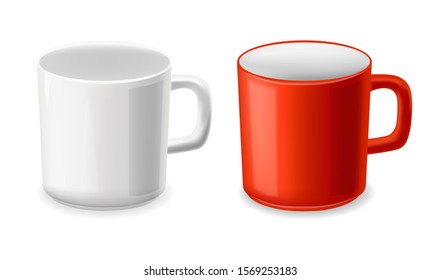 Realistic cup, white and red cups set isolated, vector illustration