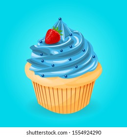 Realistic cupcake with blue cream and strawberry. Isolated on blue. - vector