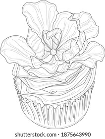 Un quequito realista con una plantilla de sketch de flor de crema y rosa. Ilustración vectorial de dibujos animados en blanco y negro para juegos, fondo, patrón, decoración. Imprimir para telas. Papel colorido, página, libro de historias