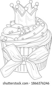 Realistic cupcake with crown, sprinkles and bow sketch template. Food vector cartoon illustration in black and white for games, background, pattern, decor. Coloring paper, page, story book, print