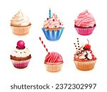 Realistic cupcakes. 3d pastry dessert, cupcake muffin with whipped cream, honey flavors homemade pastries in cup plate, cake for birthday holiday exact vector illustration of pastry dessert cake
