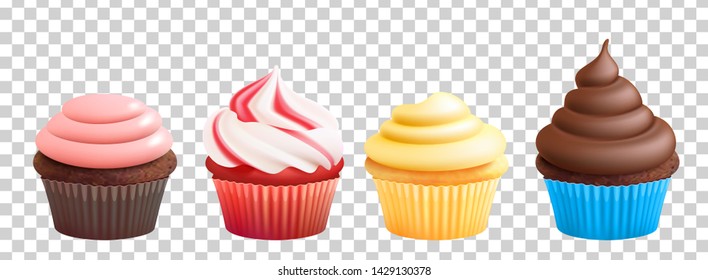 Realistic cupcakes with cream. Vector muffins isolated on transparent background. Illustration of cupcake chocolate, cake for birthday