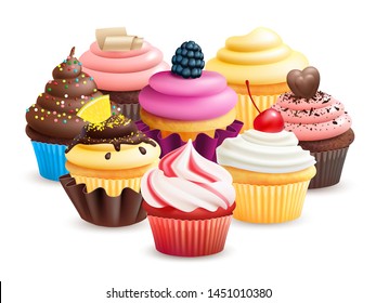 Realistic cupcakes with fruits, cream, chocolate, cherry vector illustration. Cupcake with blackberry, confectionery cake with chocolate