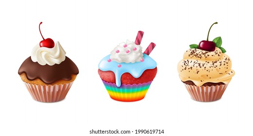 Realistic cupcakes. Homemade sweet dessert with pink and white icing in paper cups. Chocolate caramel and rainbow muffins with cream and cherry berries. Vector confectionery isolated set