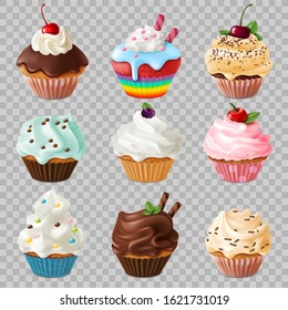 Realistic cupcakes. Sweet homemade dessert with pink and white icing in paper cups 3d object vector food set