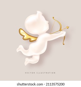 Realistic Cupid With Golden Wings.3d Object For Romantic Design. Decor For Valentine's Day, Wedding. Vector Illustration