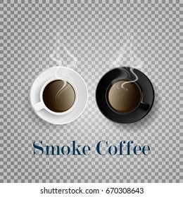 Realistic cups of coffee, white and black,Delicate coffee smoke on isolated background. 3d mug coffee with vector mesh smoke