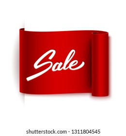 Realistic curled red ribbon with sale advertisement, discount tag, isolated on white, vector illustration