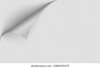 Realistic curls of the corners of a paper page on a transparent background with shadow, curled corners of a sheet of paper. The edges of vector stickers are bent. Corners of paper pages.