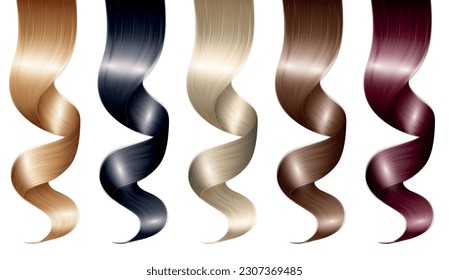 Realistic curls female hair set with isolated natural hair coils painted in various color and shade vector illustration