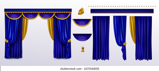 Realistische Vorhänge, blaues gefaltetes Tuch mit goldenen Krawatten und Pelmet für die Dekoration von Fenster- oder Theaterbühne, Inneneinrichtung. Luxusgewebe, Seide oder Samtdraht, weiches, klares Material, 3D-Vektorillustration-Muster