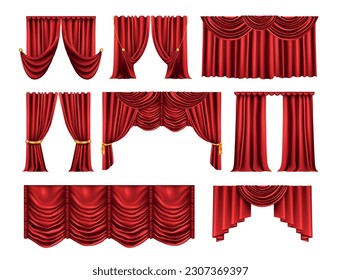 Cortinas realistas montadas con imágenes de vista frontal aisladas de telarañas de cortinas rojas en fondo blanco ilustración vectorial