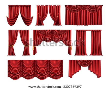 Realistic curtains set with isolated front view images of red curtain fabric backdrops on blank background vector illustration