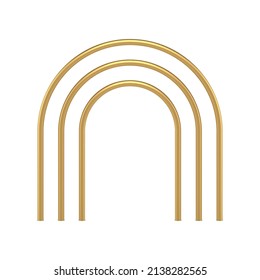 Realistic curved multilevel golden expensive arch bar structure for exterior decorative design vector illustration. Premium rod decor ornament metallic gloss for wedding invitation art deco mockup