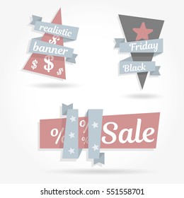 Realistic curved paper banner. Set graphics ribbon. Black friday sale. Vector illustration website elements.