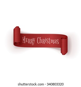 Realistic curved paper Christmas Ribbon isolated on white background. Vector Holiday Label for Design of greeting Card, Advertisement or Web