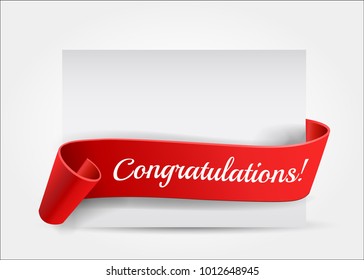 Realistic curved, Red paper banner on white background.Congratulations. Greating card.Blank. Red ribbon. Paper scroll. Vector illustration.