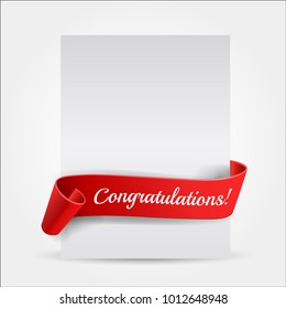 Realistic curved, Red paper banner on white background.Congratulations. Greating card.Blank. Red ribbon. Paper scroll. Vector illustration.