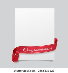 Realistic curved, Red paper banner on white background. Congratulations. Greating card. Blank. Red ribbon. - Vector.