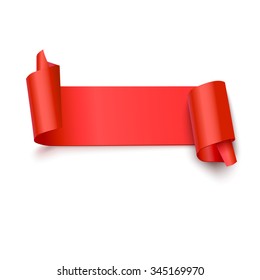 Realistic curved red paper banner, ribbon isolated on white background. Vector illustration. Background for your design.