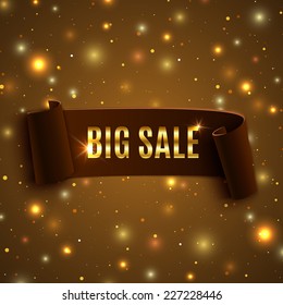 Realistic curved ribbon on celebration background with particles. Big sale. Vector illustration