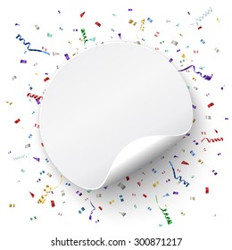Realistic curved round banner on celebration background with colorful confetti and ribbons. Vector illustration.