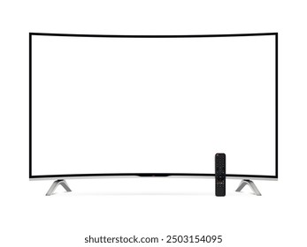 Realistic curved smart tv screen mockup with remote control isolated on white background