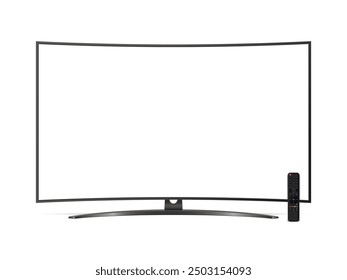 Realistic curved tv flat screen with remote control isolated on white background