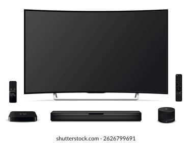 Realistic curved tv screen, remote control, sound bar, tv set-top box and smart speaker
