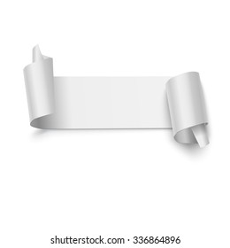 Realistic curved white paper banner, ribbon isolated on white background. Vector illustration. Background for your design.