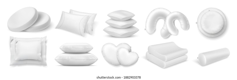 Realistic cushion. 3D white bed and sofa pillows. Collection of round and square or roll interior decorations. Isolated piles and stacks of classic feather or modern synthetic accessories, vector set
