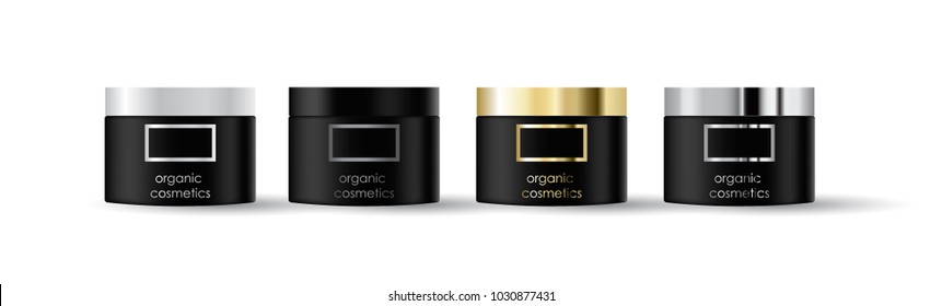 Realistic cusmetic mockup set black Bank for cream with 
black, white, gold, silver, isolated on white 
background.with a place for your logo. little size.