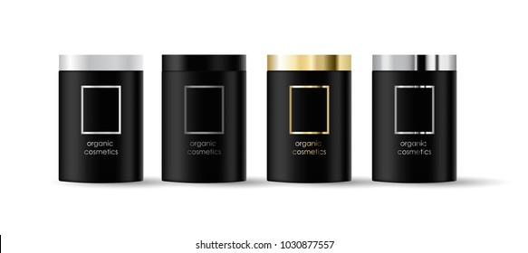 Realistic cusmetic mockup set black Bank for cream with 
black, white, gold, silver, isolated on white 
background.with a place for your logo. Big size.