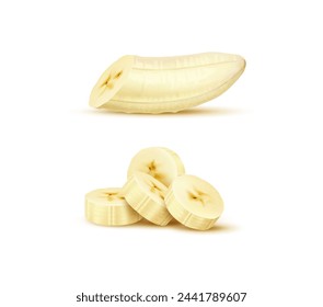 Realistic cut banana fruit, ripe raw tropical fruit or food dessert, isolated vector. Fresh peeled banana fruit cut in sections or slices for juice or dessert package, organic natural food product