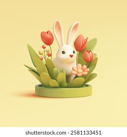 Realistic cute bunny in flowers, 3D. Daisies, tulips, green grass. Spring scene for advertising concepts. Vector