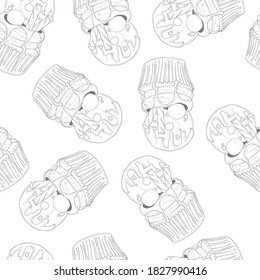 Realistic cute cupcakes with cream, sprinkles and donut seamless pattern template. Cartoon vector illustration for games, background, pattern, decor. Print for fabrics. Coloring pape, page, story book