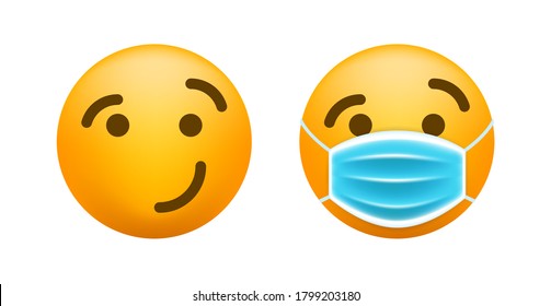 Realistic Cute Emoticon with Face Mask on White Background . Isolated Vector Illustration 