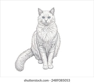 realistic cute fluffy cat sitting vector illustration isolated on white background