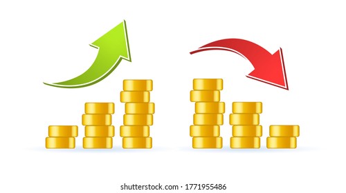 Realistic Cute Growth and Decrease Graph with Stacks Icon on White Background . Isolated Vector Illustration 