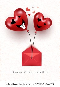 Realistic cute heart balloons with funny expressions on white texture background. Valentine's Day greeting card design.