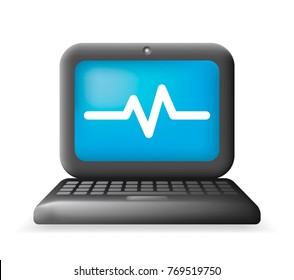 Realistic Cute Laptop with Pulse Icon on White Background . Isolated Vector Illustration 