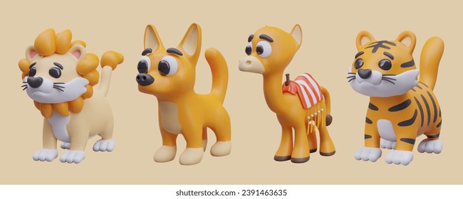 Realistic cute lion with soft mane, cute puppy, camel with seat cover, and fluffy tiger. Collection with animals on orange background. Vector illustration in 3d style