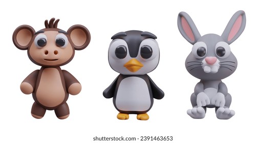 Mono lindo, pingüino y conejo gris realista. Colección con animales para juegos de ordenador en línea. Ilustración vectorial en estilo 3D con fondo blanco