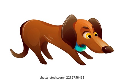 Realistic cute pet. Colorful sticker with funny dachshund puppy with collar. Charming dog with brown hair and long body. Pet portrait. Cartoon vector illustration isolated on white background