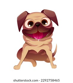 Una mascota linda realista. Retrato de adorable perro pequeño con lengua saliendo y goteando saliva. Gracioso cachorro o cachorro de bulldog. Etiqueta animal. Ilustración vectorial de dibujos animados aislada en fondo blanco