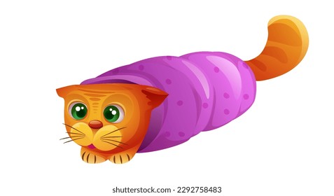 Realistic cute pet. Sticker with funny red cat wrapped in warm blanket. Charming fluffy kitten lies and plays. Portrait of animal or pet. Cartoon vector illustration isolated on white background