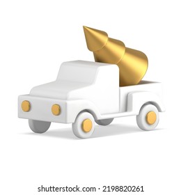 Realistic cute pickup automobile expensive golden Christmas tree transportation 3d isometric vector illustration. Luxury Xmas toy spruce or table bauble decorative design winter holiday isolated
