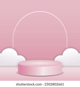 Realistic cute pink and 3D cylinder pedestal podium with cute clouds. A minimal scene for the products stage showcase, and promotion display