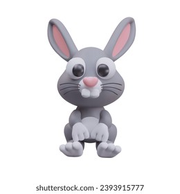 Realistic cute rabbit model on white background. Chinese zodiac symbol. Cartoon toy for store for children. Vector illustration in 3D style in gray colors