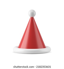 Realistic cute red Santa Claus hat with white furry pompon decorative design 3d template vector illustration. Traditional winter holiday character headdress glossy cone shape Xmas celebration isolated